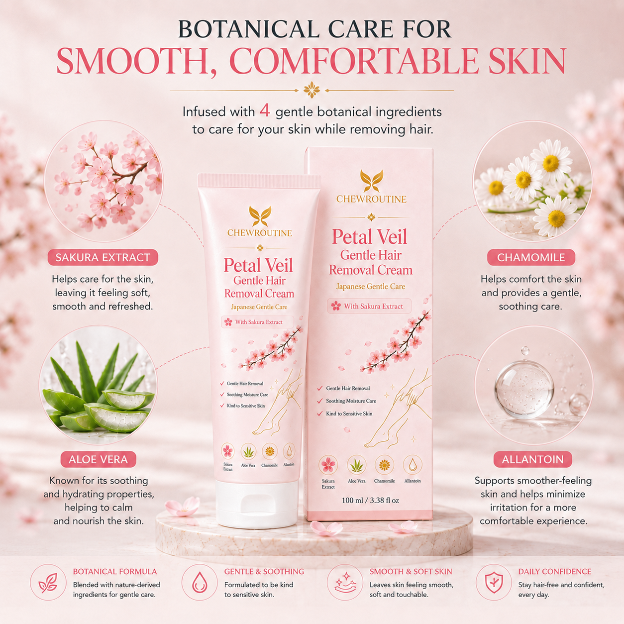 ChewRoutine™ Petal Veil Gentle Hair Removal Cream | For Women & Men, Sensitive Skin