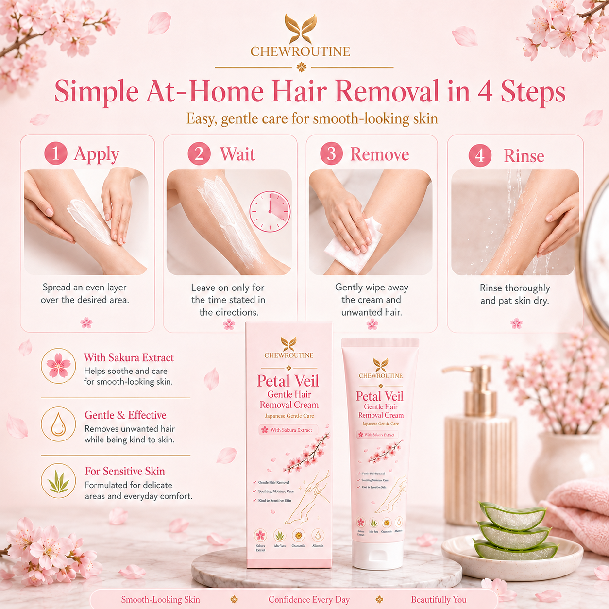 ChewRoutine™ Petal Veil Gentle Hair Removal Cream | For Women & Men, Sensitive Skin