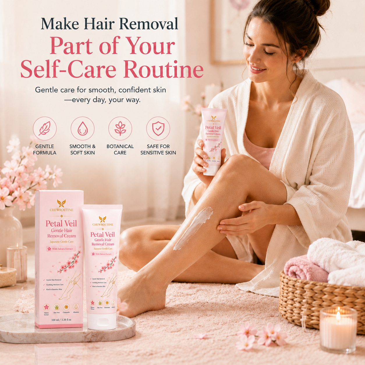 ChewRoutine™ Petal Veil Gentle Hair Removal Cream | For Women & Men, Sensitive Skin
