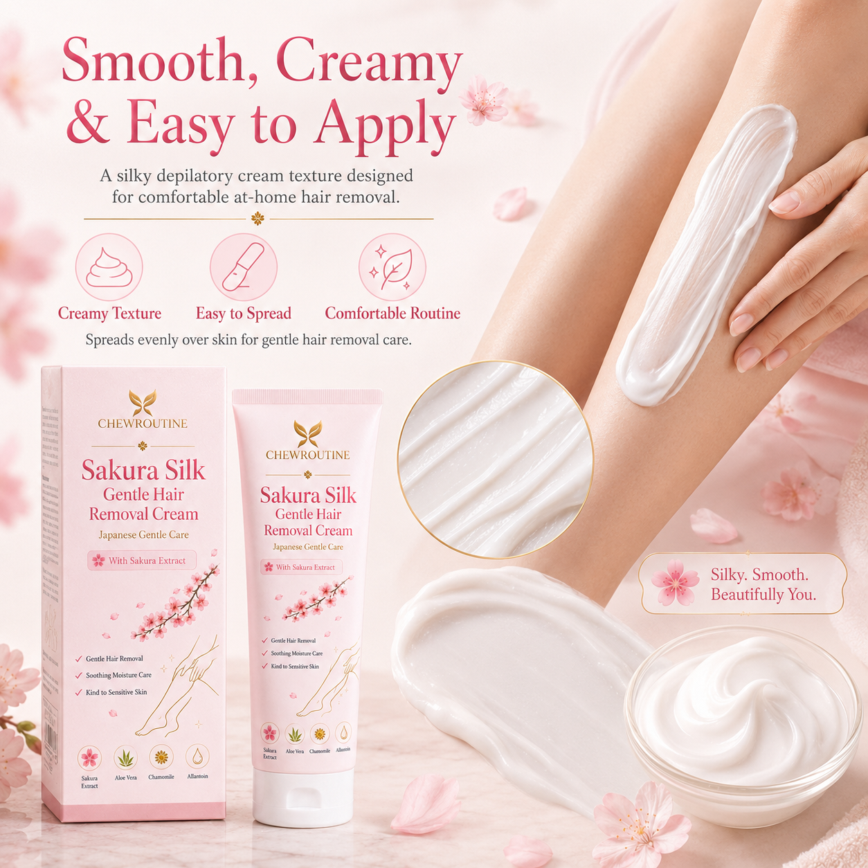 ChewRoutine™ Sakura Silk Gentle Hair Removal Cream | For Women & Men, Sensitive Skin