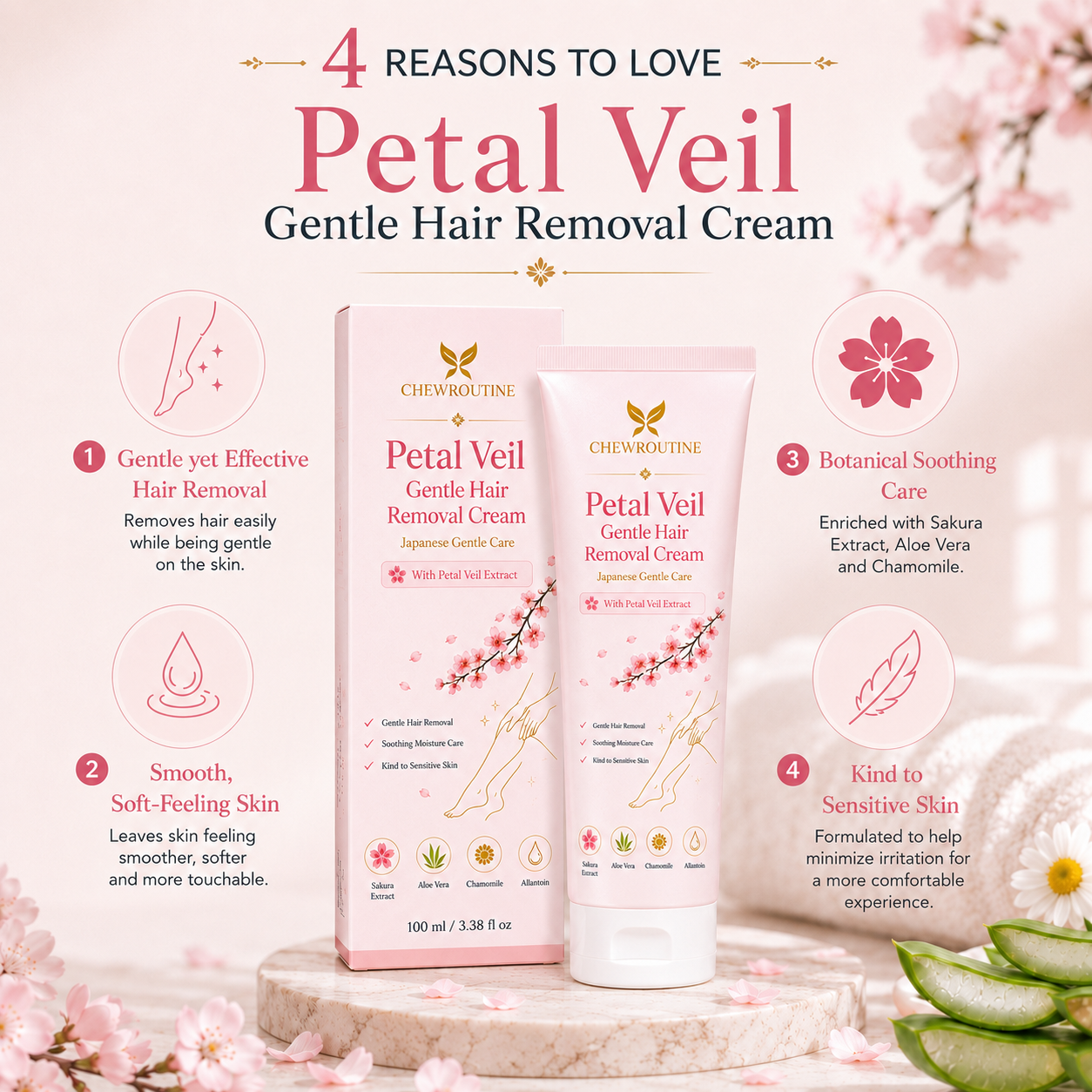 ChewRoutine™ Petal Veil Gentle Hair Removal Cream | For Women & Men, Sensitive Skin