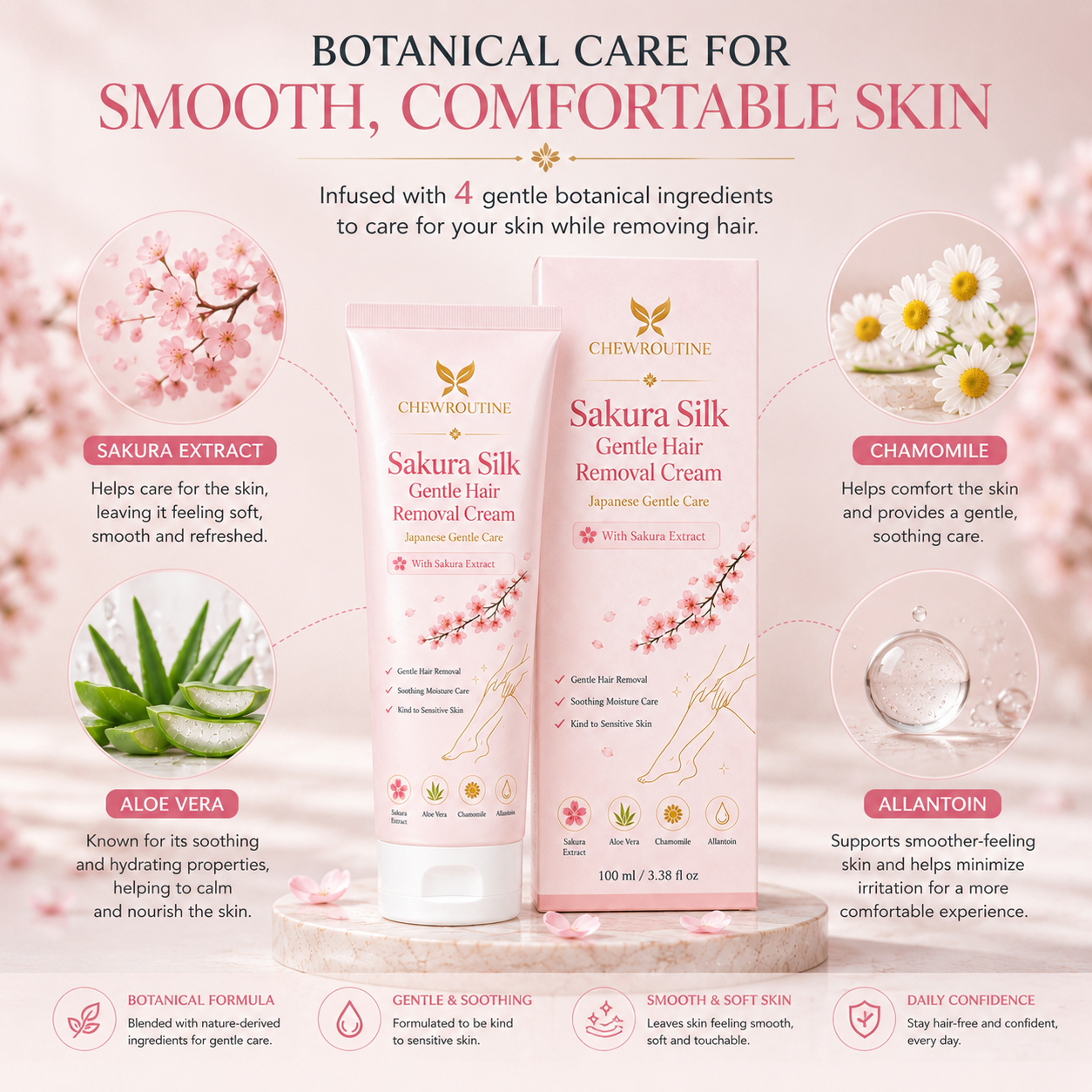 ChewRoutine™ Sakura Silk Gentle Hair Removal Cream | For Women & Men, Sensitive Skin